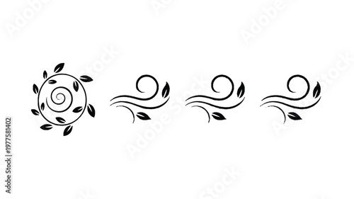set of swirling wind icons with leaves on white background