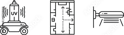 Vector of UV sterilization robot and building layout plan with hospital air purifier vector icons for facility safety