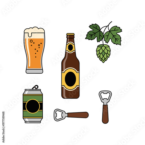Illustrated collection of beer-related items and ingredients