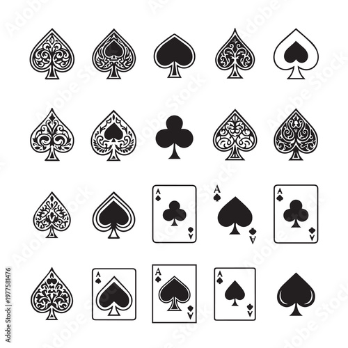Set of Spade and Ace Playing Cards in Black and White Vector Graphics