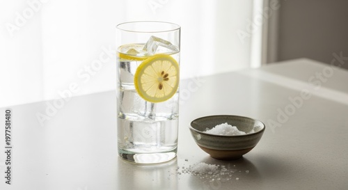 Glass of water with lemon slice and ice placed near a small ceramic bowl filled with white sea salt. Healthy beverage with electrolyte minerals. Hydration and wellness concept.