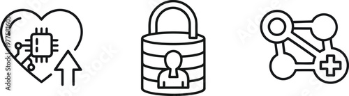 Vector of Cyber security and heart health icons with digital heart chip privacy lock and medical network nodes