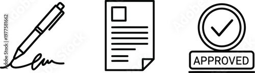 Vector of Business and administrative document icons including signature pen paper file and approved stamp symbol