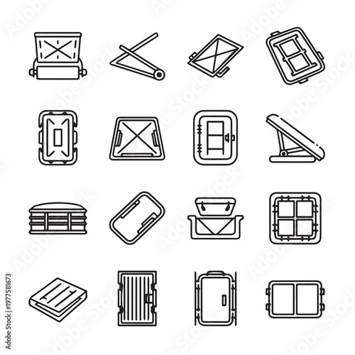 Set of twelve different food container line icons in a grid layout on a white background