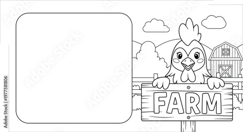 Cute hen with farm sign coloring page for kids with copy space