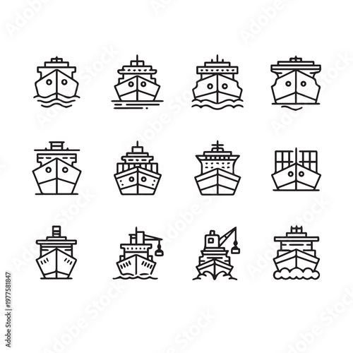 Ship Icons Collection: Various Vessels in Outline Style Nautical Transportation Graphics
