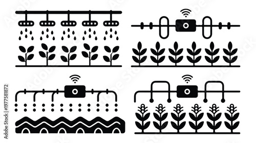 smart farming icons with plants and irrigation systems connected wirelessly