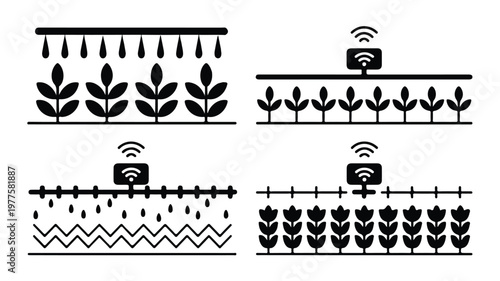 smart farming icons with plants and irrigation systems and wireless connectivity