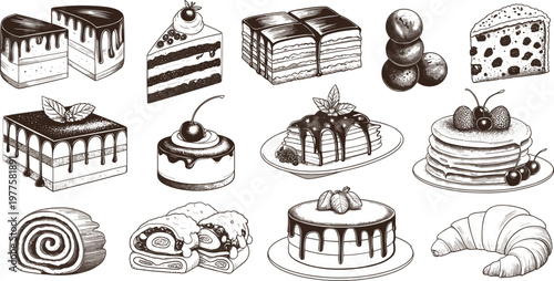 Hand drawn dessert vector set with cakes, pancakes, croissant, tiramisu, and sweet pastries in vintage style