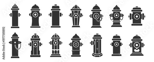 Black fire hydrant icons set in solid style isolated on transparent background