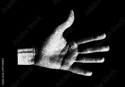 Monochrome open hand palm facing viewer in vintage dotwork stipple vector on dark background