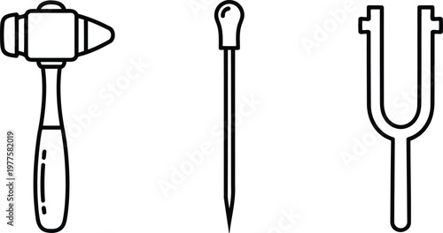 Vector of Medical diagnostic tools set featuring reflex hammer dropper pipette and metal tuning fork instrument