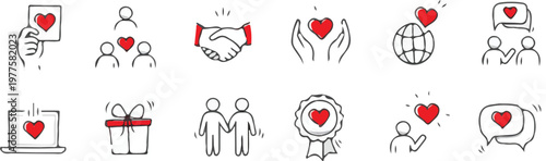 thin line outline love care charity heart icon set with handshake globe couple gift phone people for nonprofit healthcare dating wellness and social graphic design