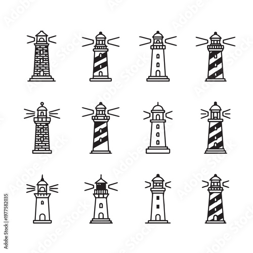 Set of twelve diverse lighthouse illustrations in a clean modern line art style