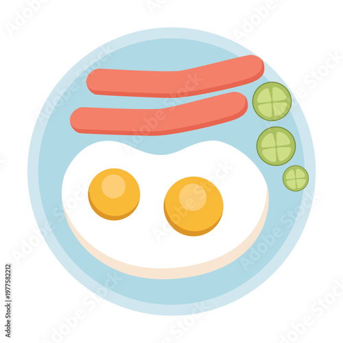 English breakfast with fried eggs and sausages, top view flat vector illustration. Flat vector illustration of a traditional English breakfast with fried eggs, sausages, and fresh vegetables on a plat