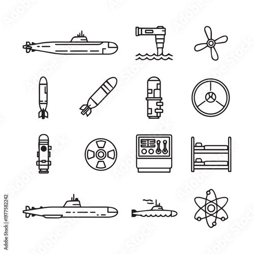 Submarine and Naval Equipment Icons Set for Military and Marine Technology Concepts