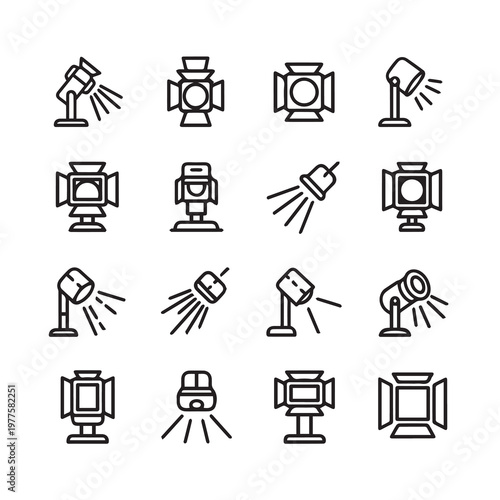Stage lighting equipment icons in a clean line art style on a white background