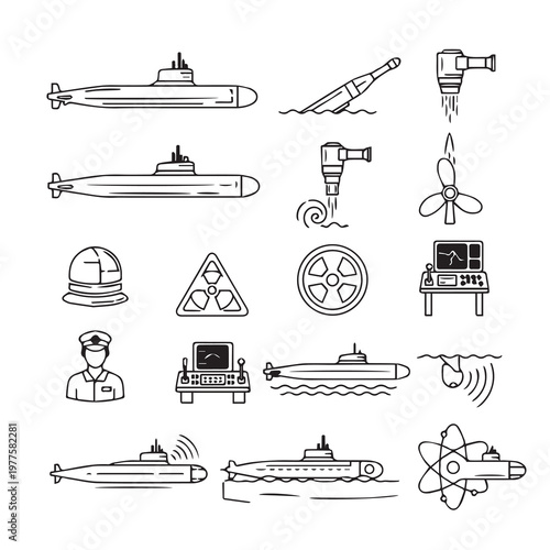 Submarine Technology and Naval Warfare Icons: Propulsion Navigation and CrewLine Art Style