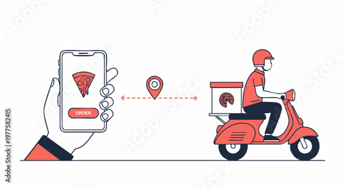 Hand ordering pizza on a smartphone while a delivery rider drives a scooter towards the location.