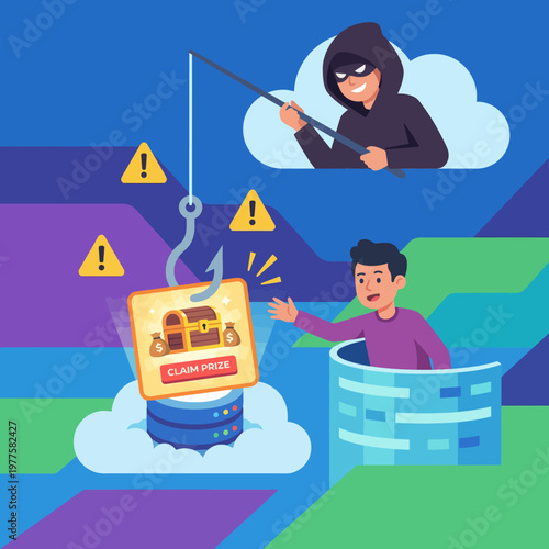 An illustration depicting a phishing attack scenario with a hacker attempting to lure a victim using fraudulent prize offers, highlighting caution in digital security.