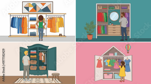 This collection of illustrations showcases different wardrobe setups and clothing displays, emphasizing the importance of fashion, organization, and personal style in daily life.