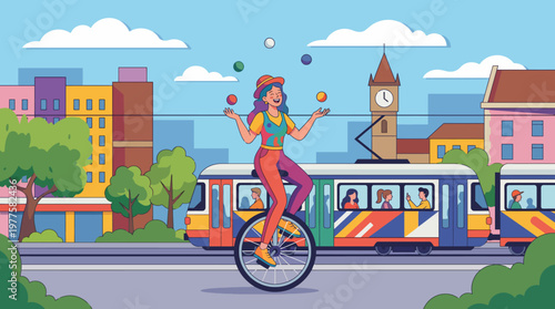 A skilled performer juggles colorful balls while riding a unicycle, set against a vibrant city backdrop, embodying talent, entertainment, and urban life.