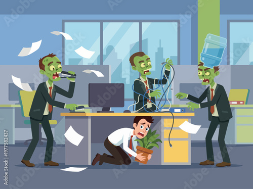 A humorous scene where zombies disrupt an office environment, creating chaos, and showcasing the contrast between mundane work life and imaginative scenarios.