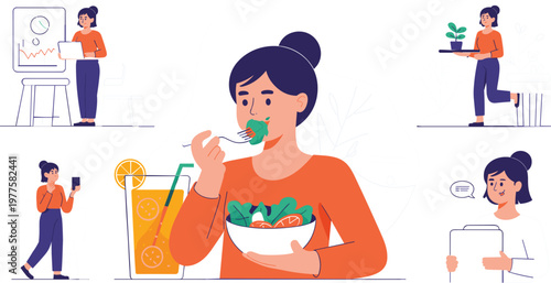 Healthy woman lifestyle vector set with eating salad, working on laptop, and professional business activities