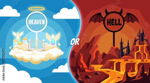 This visually striking image contrasts Heaven and Hell, symbolizing the duality of good and evil, and the choices faced in life that reflect human spirituality.