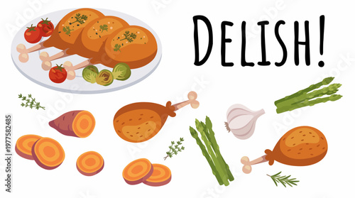 This appetizing image showcases a variety of food ingredients, including roasted chicken and vegetables, portraying healthy eating and culinary creativity.