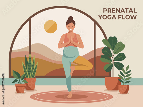 This image showcases a pregnant woman practicing prenatal yoga in a serene environment, embodying peace and wellness while promoting physical and mental health.