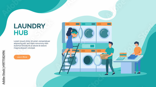 A vibrant laundry hub features staff assisting customers, while washing machines work in tandem, promoting a community-focused atmosphere in a modern service space.