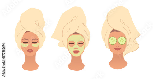 Vector illustration of woman with towel and different face masks. Flat design spa skincare set isolated