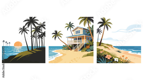 Tropical beach sunset palm trees ocean calm water paradise islands.