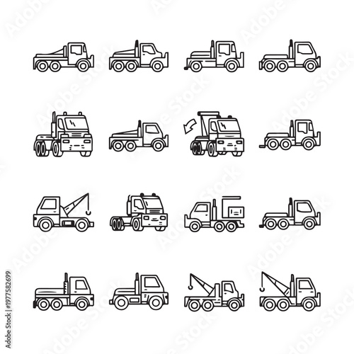 Tow Truck Icons Set: Flat Line Art Collection of Various Recovery Vehicles