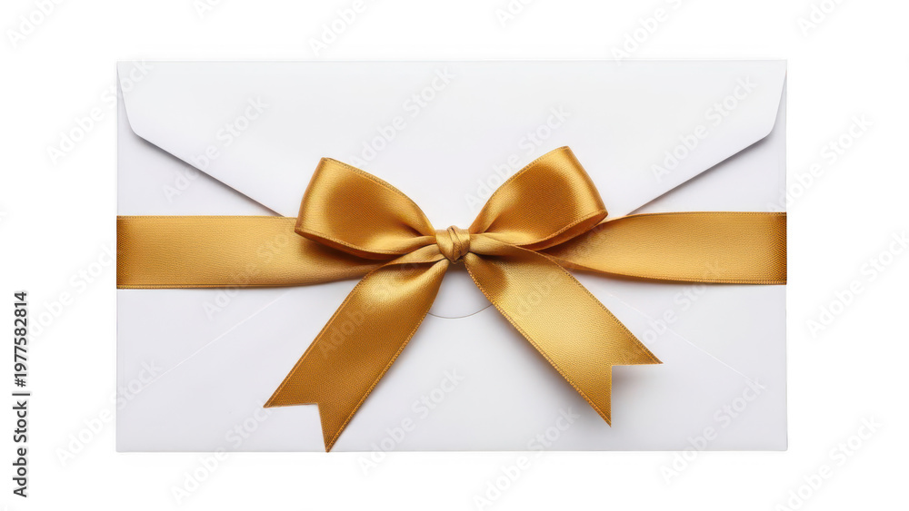 Fototapeta premium A classic white paper envelope decorated with a shiny golden ribbon bow for a festive occasion
