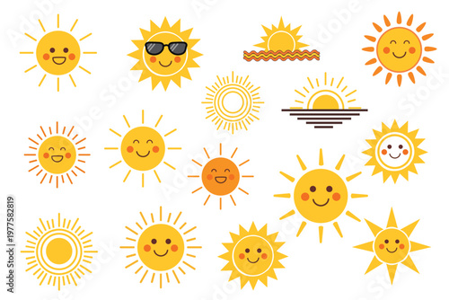 A set of vector cartoon sun icons with smiling faces, rosy cheeks, and decorative rays.