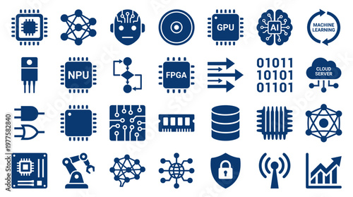 Collection of modern technology icons representing artificial intelligence machine learning computer hardware and data processing concepts