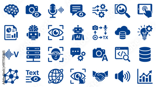 Collection of blue technology and artificial intelligence icons representing data analysis, machine learning, and digital innovation on a white background
