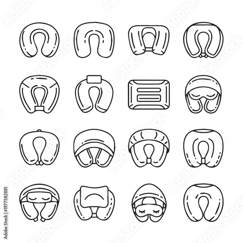 Travel Neck Pillows and Eye Masks Collection Outline Icons Isolated on White Background