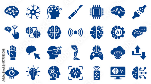 Collection of blue icons representing artificial intelligence, machine learning, neuroscience, and technology concepts