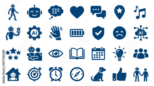 Collection of blue icons representing artificial intelligence, technology, communication, emotions, and everyday life symbols on a white background.