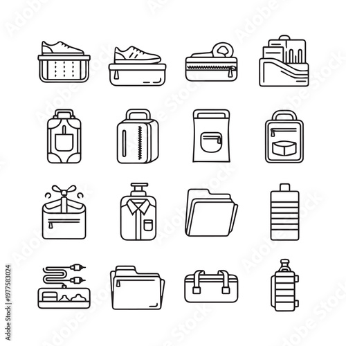Travel packing organization icons in a clean line art style for luggage and accessories