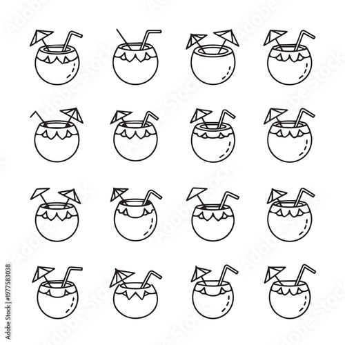Tropical Coconut Drinks with Straws and Umbrellas Line Art Set