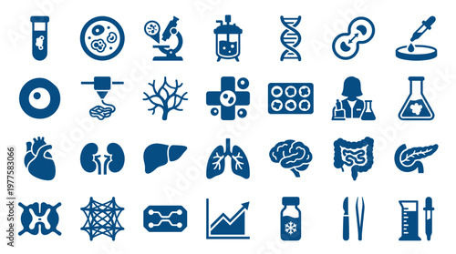 Diverse collection of medical and scientific icons representing research, healthcare, and biotechnology innovations