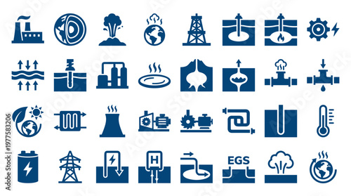 Geothermal energy concept icons illustrating sustainable power generation from earth's heat and renewable resources for a green future