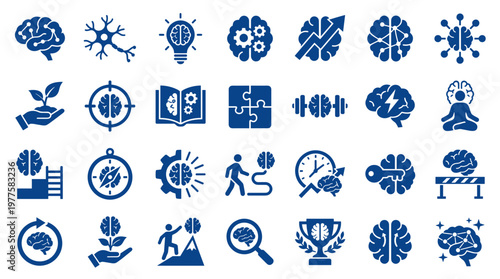 Collection of blue icons representing concepts of intelligence creativity learning problem solving and mental well being in a grid layout