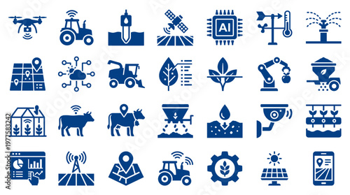 Smart Farming Technology Icons Set Agriculture Innovation Digital Transformation Precision Agriculture Drone Tractor Satellite AI Automation