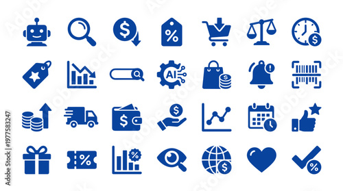E commerce icons set for online shopping business and digital marketing concepts including shopping cart robot search analytics and finance