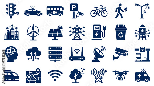 Smart City Technology Icons Representing Futuristic Urban Infrastructure and Connectivity